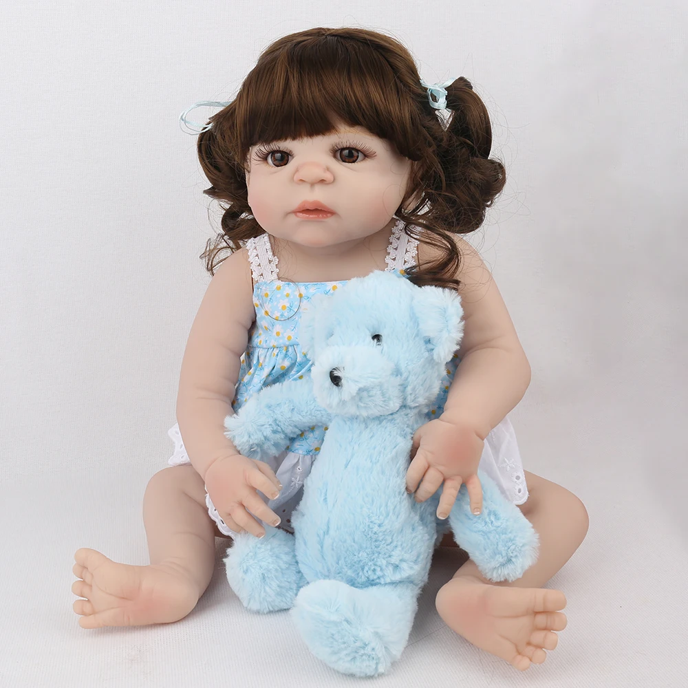 

22inch 55cm Full Silicone Reborn Baby Dolls Lifelike Bebe Realistic Lifelike Menina Kid Boneca Toy lol Gril Gift Blue Plush Bear