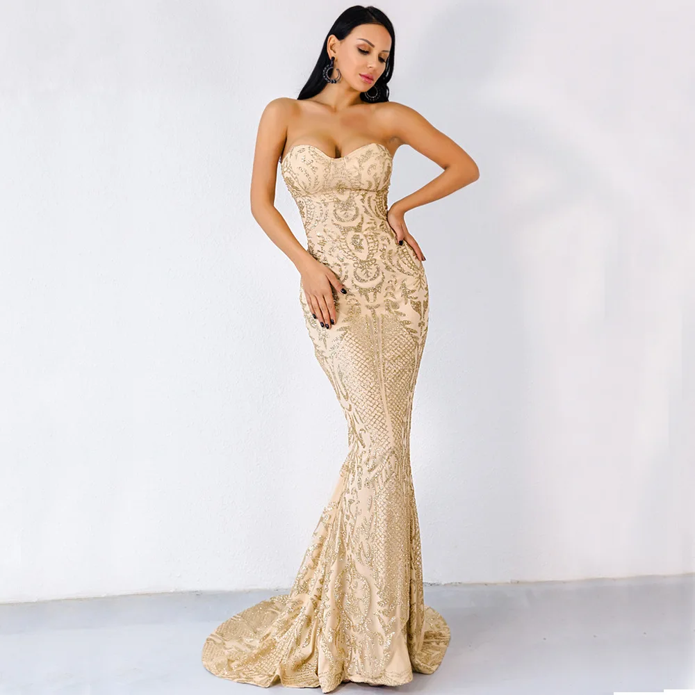 

Vivian's Bridal Sexy Sweetheart Strapless Backless Sequin Party Dress Elegant Sweep Train Lace Appliques Women Evening Dress