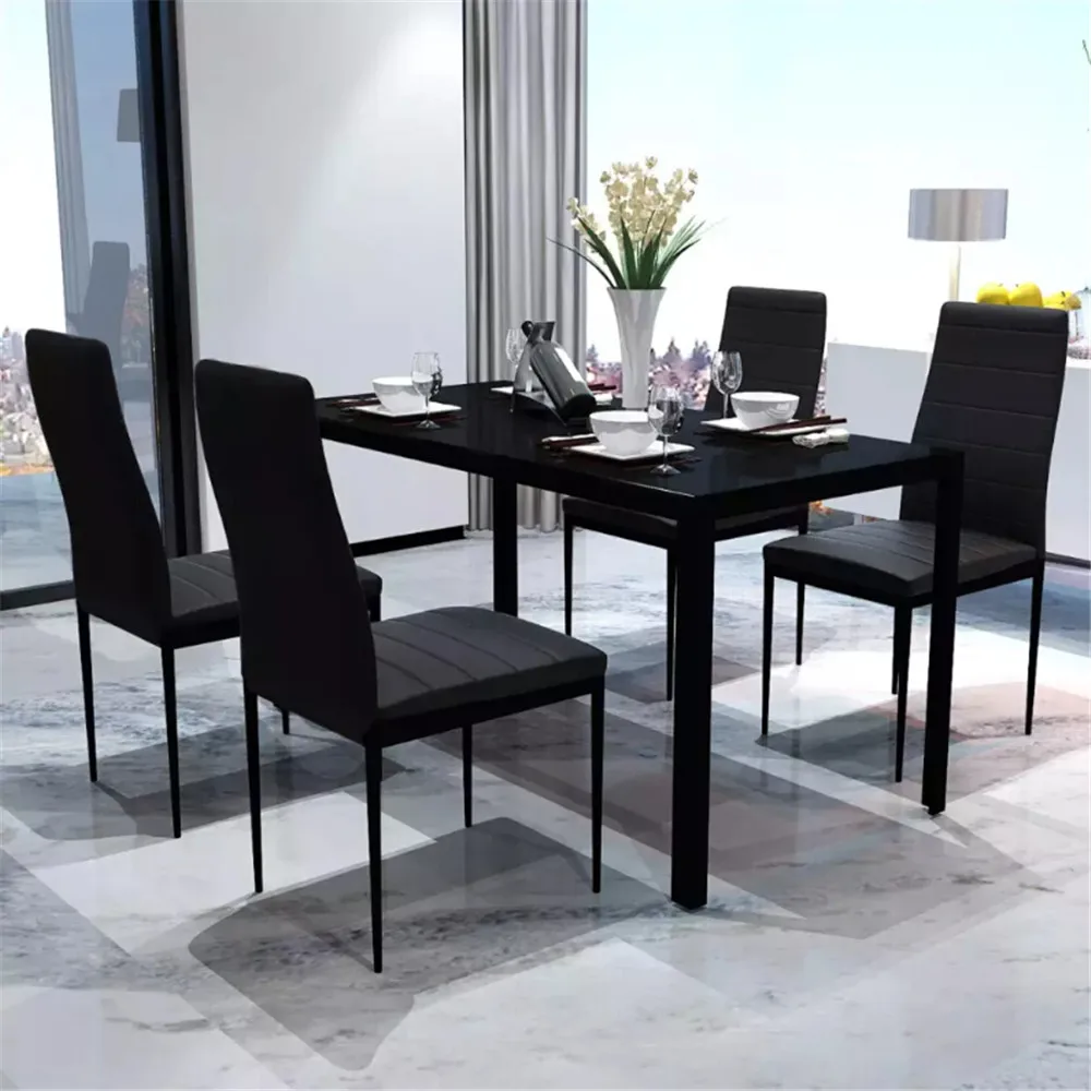 VidaXL الأسود خمسة قطعة طقم طاولة عشاء طاولة طعام وكرسي الزجاج الجدول الجلود الاصطناعية الكراسي المطبخ المنزل الأثاث