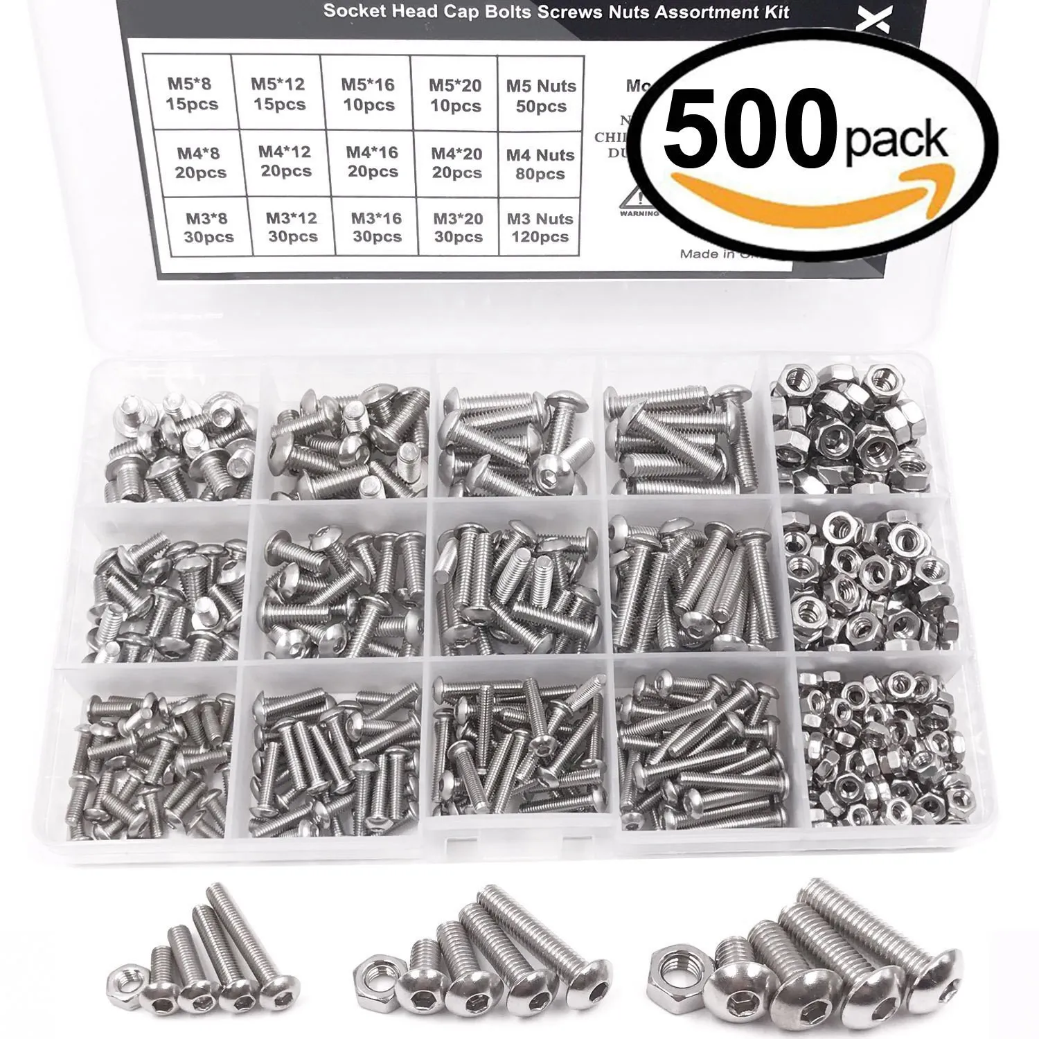WSFS Hot 500pcs M3 M4 M5 A2 Stainless Steel ISO7380 Button Head Hex Bolts Hexagon Socket Screws With Nuts Assortment Kit