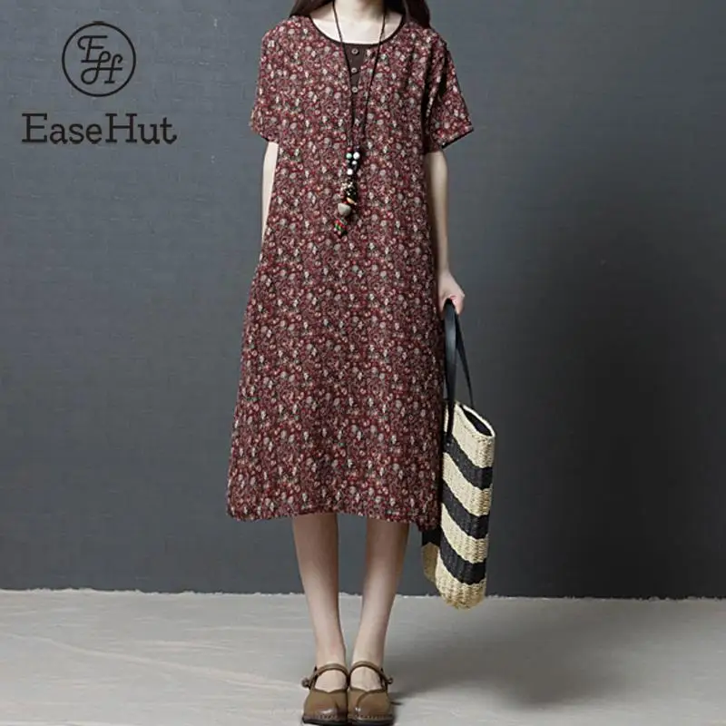 

EaseHut 2019 Summer Women Dress Vintage Floral Cotton Linen Dress Short Sleeve Pockets Ladies Dresses Casual Beach A Line Dress