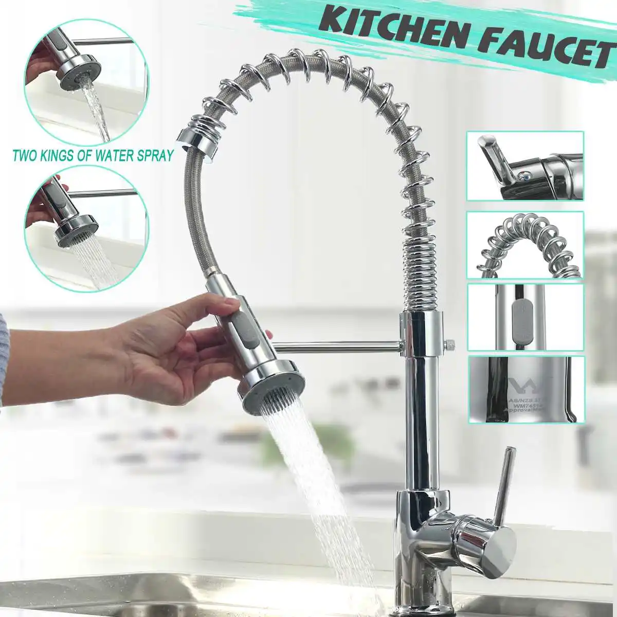 

Xueqin 360 Rotation Pull Out Spring Chrome Kitchen Mixer Tap Deck Mounted Single Handle Basin Faucet Spray Hot and Cold Water