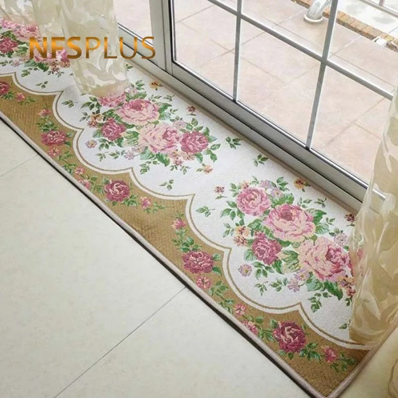 

Floral Kitchen Carpet Floor Mat Polyester Fiber Non Slip Area Rugs Jacquard Rose Peony Hallway Front Door Mat Entrance Doormat