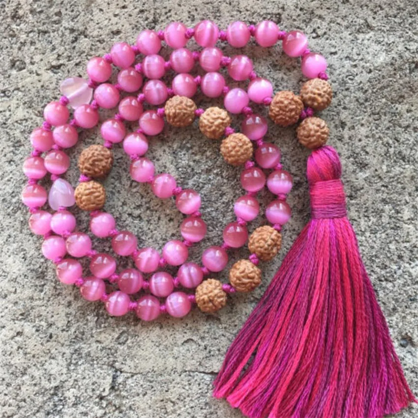 Красная роза тигровый глаз Rudraksha узел ожерелье кисточкой многоцветный горячий