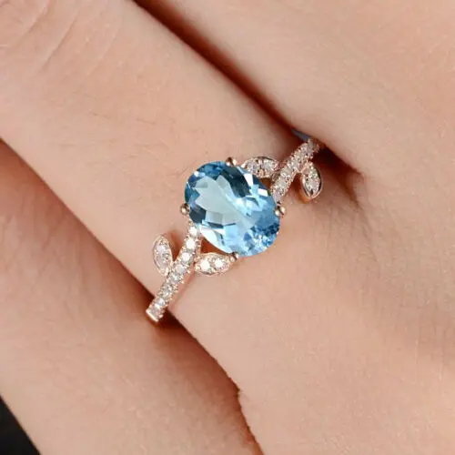 

Huitan Wedding Ring With Sky Blue Cubic Zircon Fashion Rose Gold C Leaf Ring With Micro Paved Hot Selling Women Jewelry