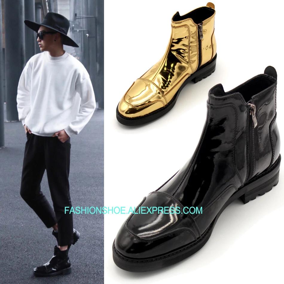 

Gold Black High top Patent leather Fashion Men Boots Back Zip Motorcycle Boots