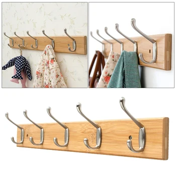 

1pc Coat Hanger Wall-mounted 5 Hooks Solid Wood Multifunction Clothes Rack Household Supplies for Living Room Bedroom Bathroom