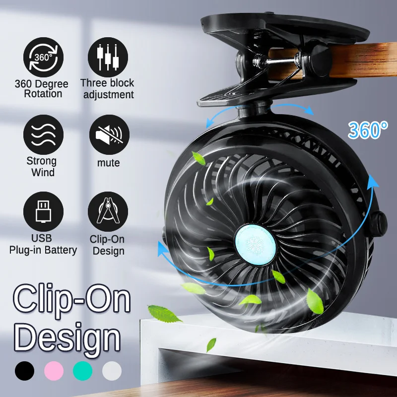 

Portable Mini USB Charging Noiseless Desktop Electric Fan Black Small Compact Portable Desk Table Clip wall Mute Fans 3-Speed