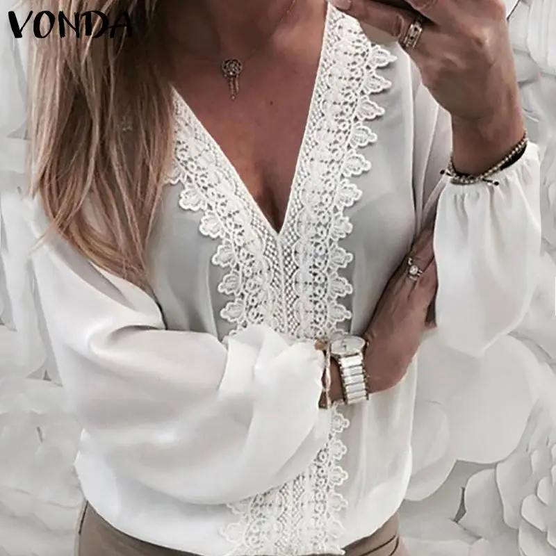 VONDA 2020 женские пикантные с длинным рукавом фонариком и V образным вырезом полые
