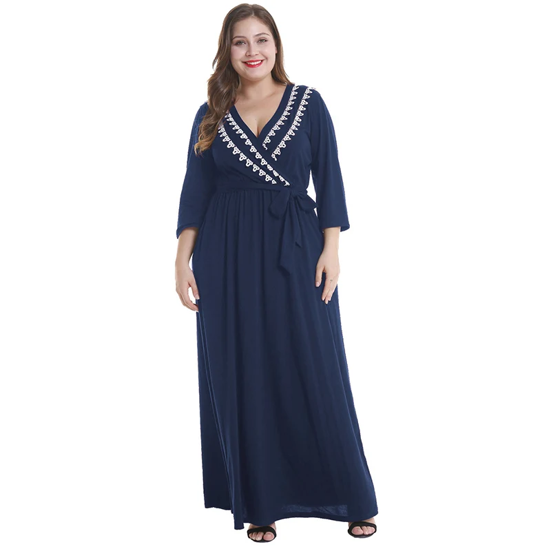 

Spring 2019 Women Pure Color Lace patchwork V Neck Nine Points Sleeve Dresses Female'S Plus Size Casual Long Dresses with belt