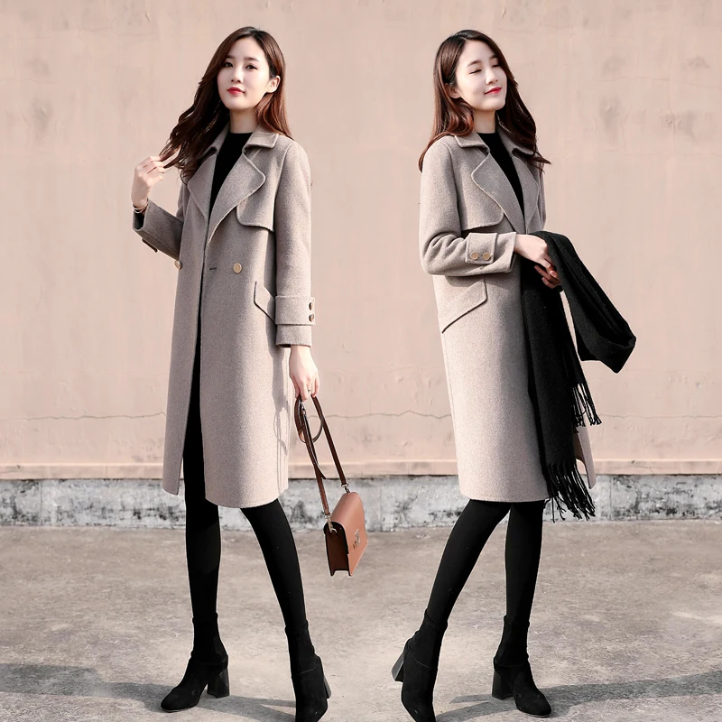 

2019 Spring Autumn New Woolen Jacket Women Long-sleeved S Gray Slim Casual Korean Winter Cashmere Long Female Woolen Coat W39