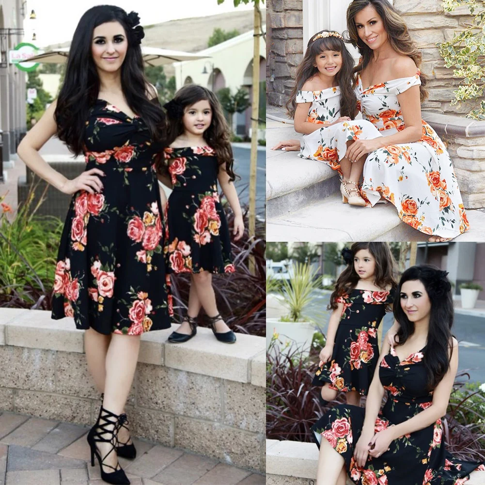 

Family Mother and Daughter Floral Long Dress Off Shoulder Sleeveless Matching Women Girls Casual Clothes Costume
