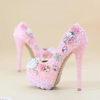 

New Pink Custom Pearls Lace Sweet Handmade 34-40 Round Head High Heel PU Leather Bride Girls Wearing Shoes for Wedding