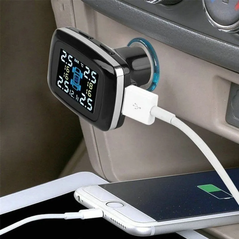 

JSEX TPMS TP620 Wireless Car Tire Pressure Monitoring Cigarette Lighter Power Alarm System With 4 External Sensor Detector Black