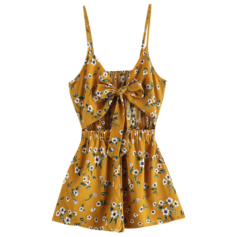 

ZAFUL Floral Print Tie Front Romper Sportswear Beachwear Women 2019