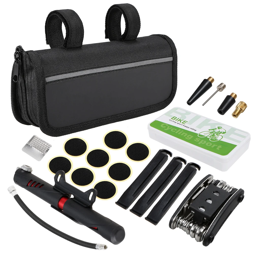 Bike Repair Kit Bike Tire Lever 120PSI Manual Pump 16-IN-1 Multi-functional Tool Bike Tire Rasp Patch Needle Bike Tire Repair