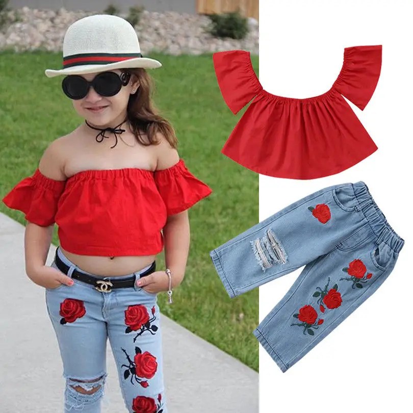 Комплект модной одежды из 2 предметов для девочек, коллекция года, летняя одежда для маленьких девочек красный топ с оборками+ джинсовые штаны с цветочным принтом, одежда для детей