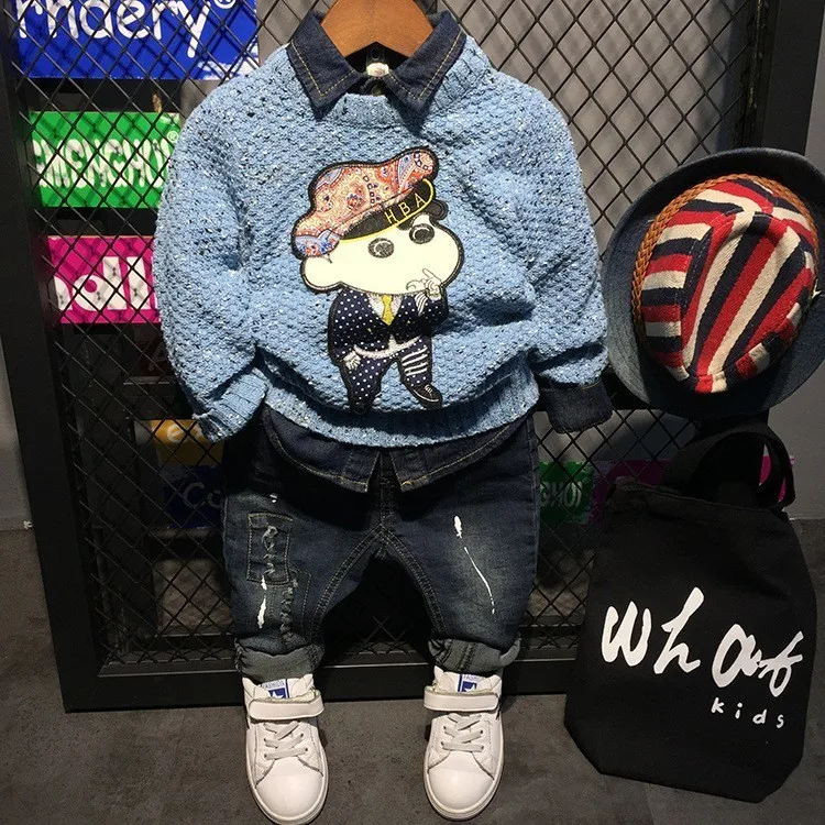 Spring Autumn Sports Suits For Boy Cartoon Print Sweater Denim Shirt Jeans 3pcs Toddler Boys Clothing Set Baby New Kids Costume | Детская