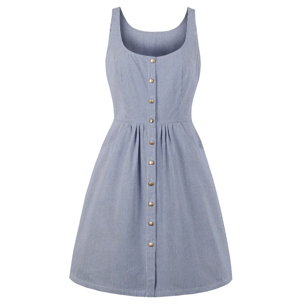 

Joineles Summer Women Vintage Dress Stripe Print Metal Button Pockets Retro Dress Pin Up Rockabilly Swing 60s Vestidos De Festa