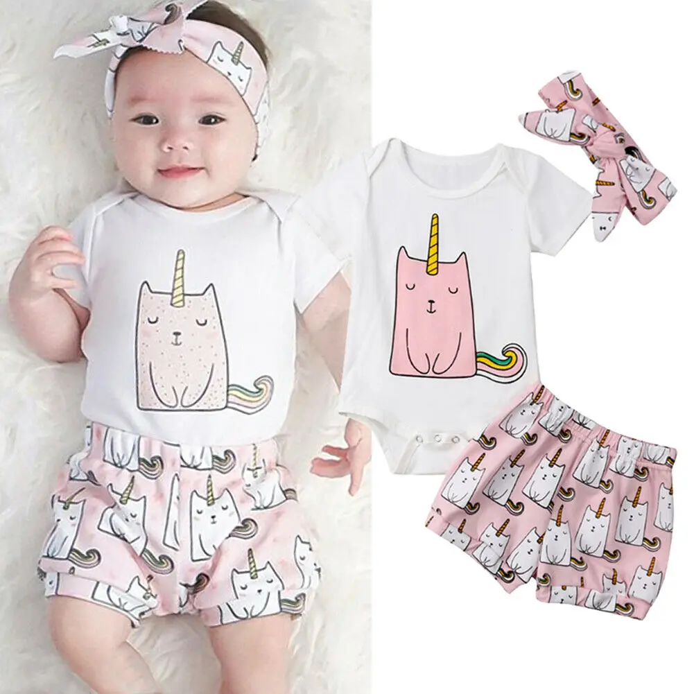 0-3Y Summer Cute Infant Kids Baby Girls Boys Clothes Sets Cartoon Print Short Sleeve Romper Tops+Shorts+Headband | Детская одежда и