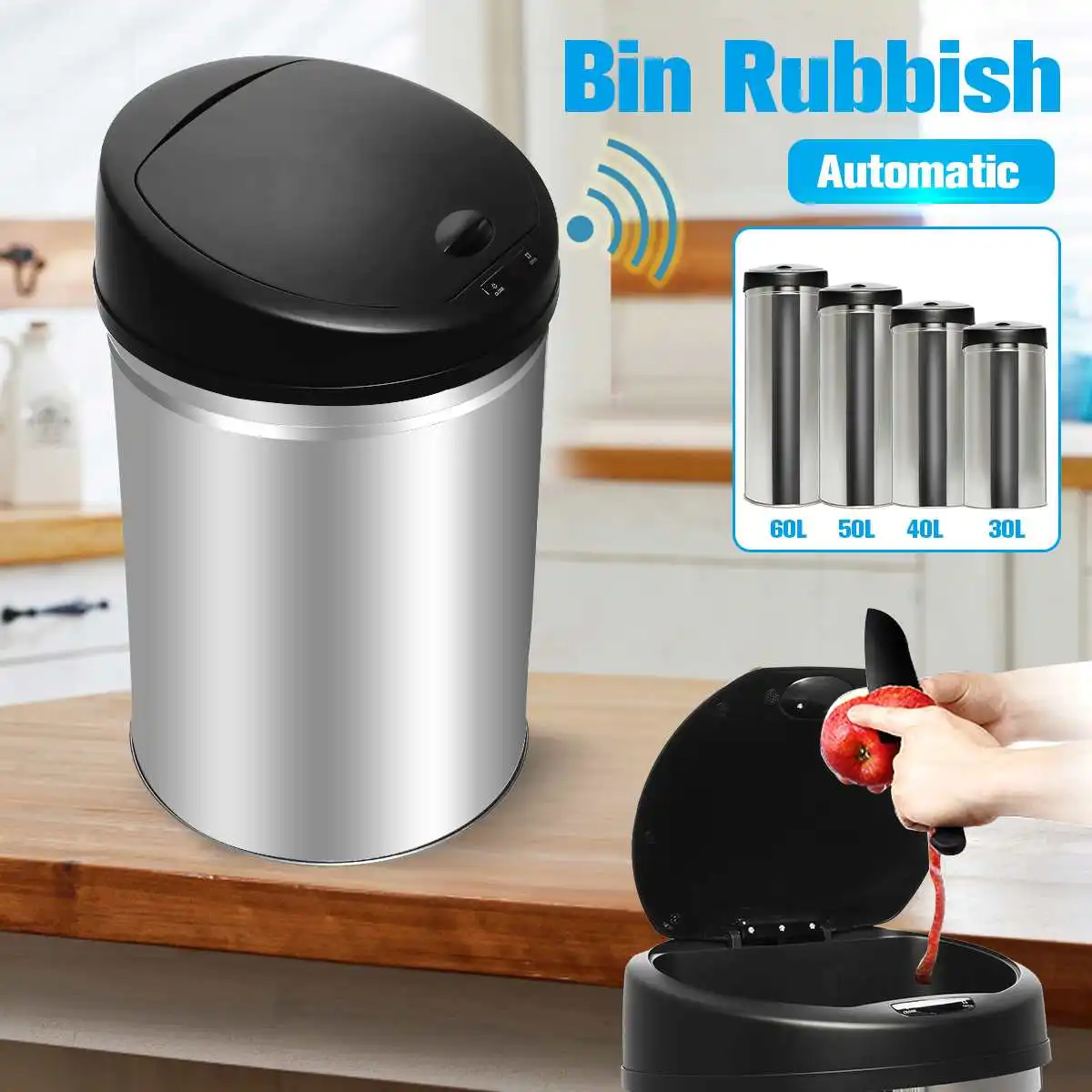 

30/40/50/60L Stainless Steel Automatic Electronic Dustbin SensorTact Dustbin Rubbish Waste Bin Kitchen Trash Smart Motion Sensor