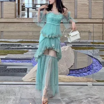 

Fashion Women Off Shoulder Long Dress Embroidery Patchwork Strap High Waist Dress