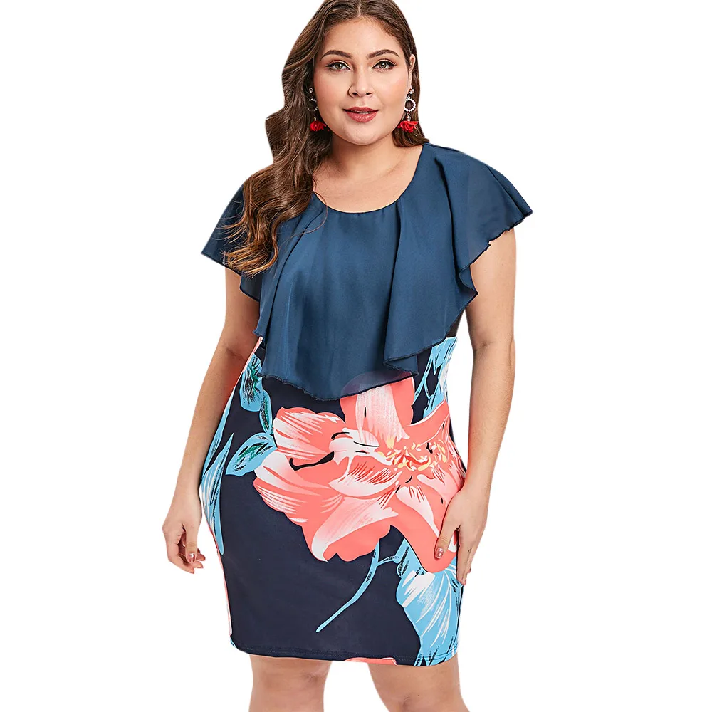 

2019 Plus Size Summer Mini Dresses Floral Print Ruffle Elegant Evening Party Dress Sexy Office Lady Work Bodycon Dress Vestidos