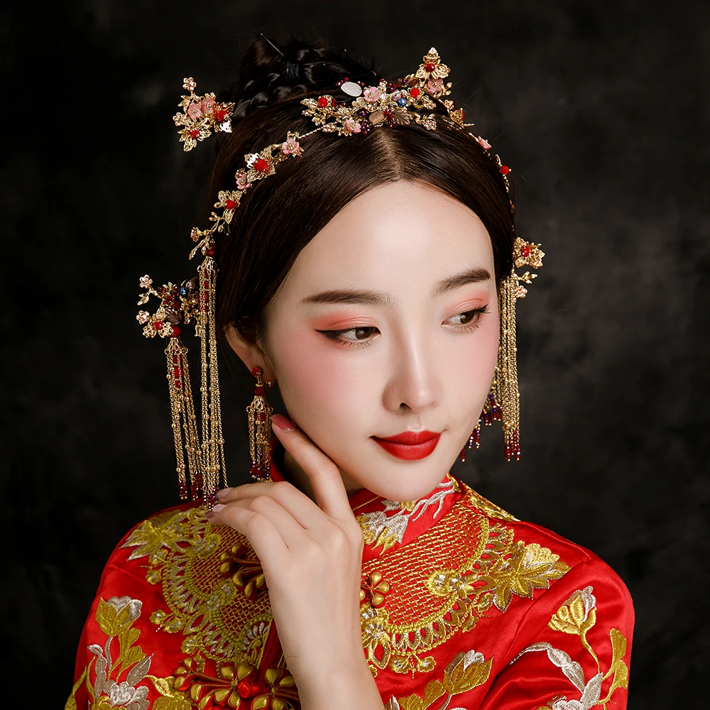 

Red Beaded Hair Jewelry Set Bridal Wedding Tassel Step Shakes Headpiece Ornament Retro Women Costume Hairpins with Drop Earrings