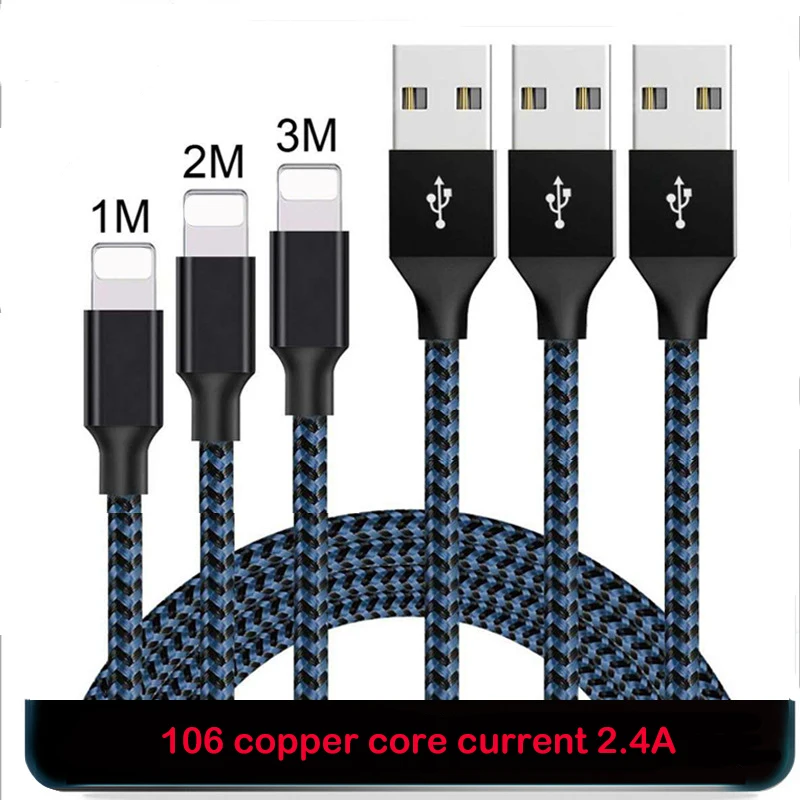 1 m 2 m 3 m 2.4A الكلاسيكية النسيج كابل يو اس بي ل فون XR Xs ماكس X 6 6 s 5 S شاحن كابل يو اس بي للإضاءة كابل شحن الحبل Adapte