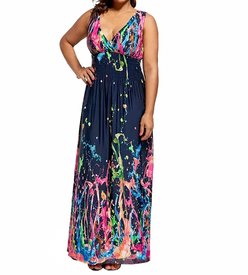 

Summer Women High Waist Plus Size Dress Deep V Neck Sleeveless Print Dresses Bohemian Casual Beach Long Maxi Robe