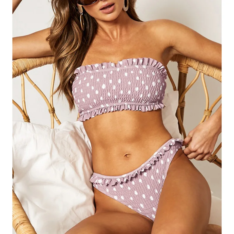 

YCDKK 2019 Sexy Fold Push-Up Padded Bandeau Bikini Set Swimsuit Swimwear Women Dot Print Ruffle Bathing Suit Vintage Beachwear