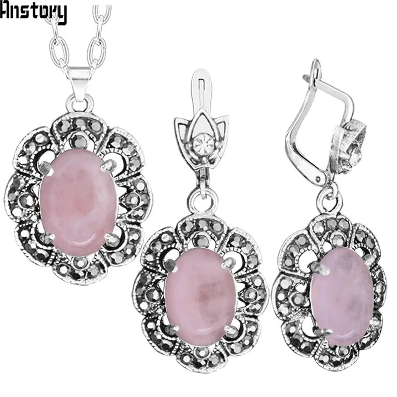 Vintage Natural Pink Quartz Jewelry Set Rhinestone Flower Necklace Earring Antique Sliver Plated For Women Fashion Jewelry