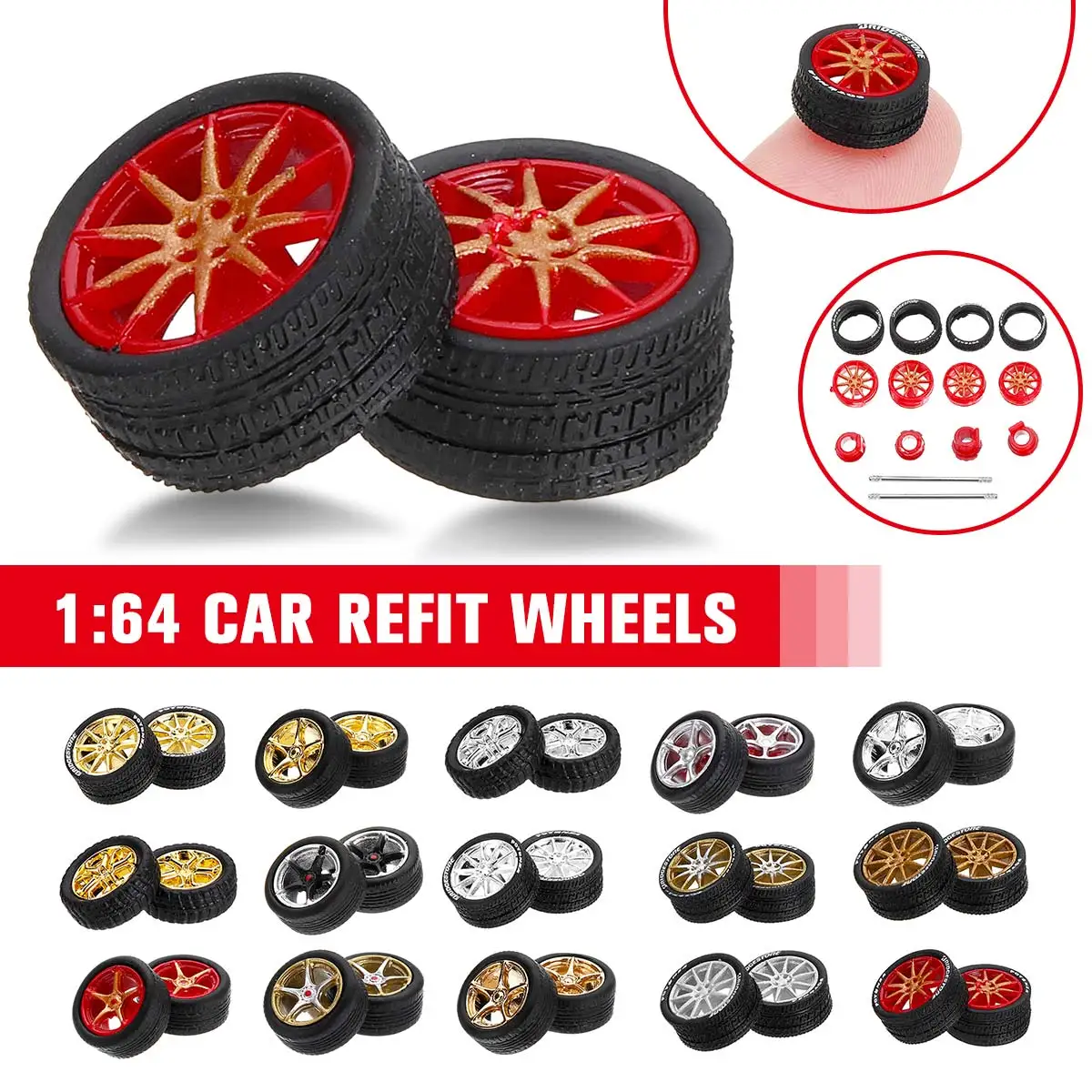 

1:64 Car Wheels Tire Modified Vehicle Alloy Rubber Car Refit Wheels For 1/64 Cars Suitable For Some Cars 4 Wheels One Set