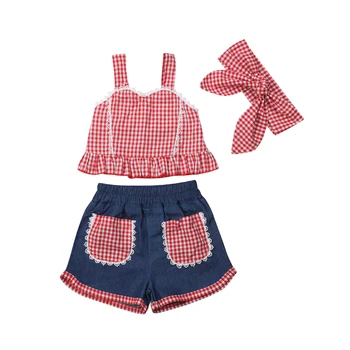 買取 幼児チェック柄ベストクロップトップスショートパンツ服セット赤ちゃんストラップトップパンツカチューシャ服服 1-6 T