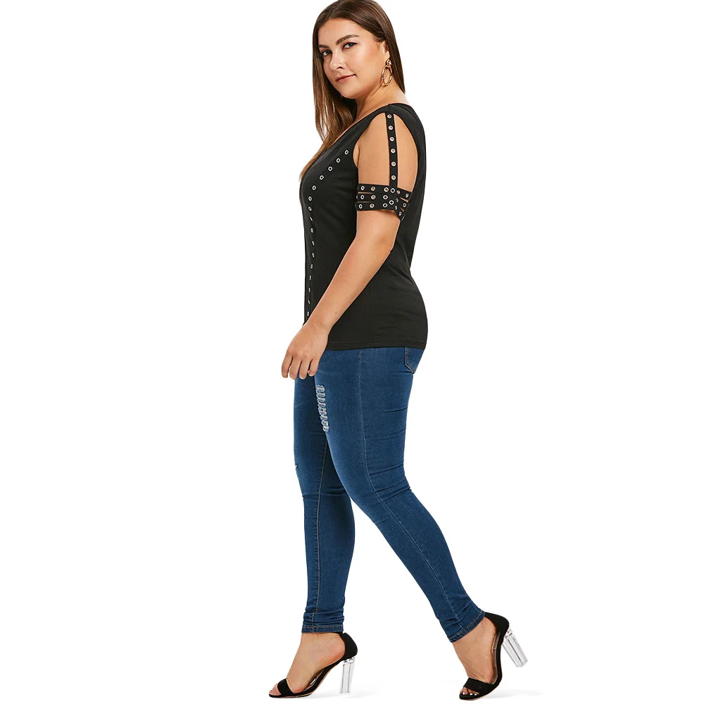 Rosegal/большие размеры 5XL черные футболки с вырезами и короткими рукавами женские