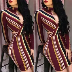 Для женщин тощий полосой Bodycon мини платье дамы с длинным рукавом Красочные Клубное платье в обтяжку повседневное праздник плюс размеры