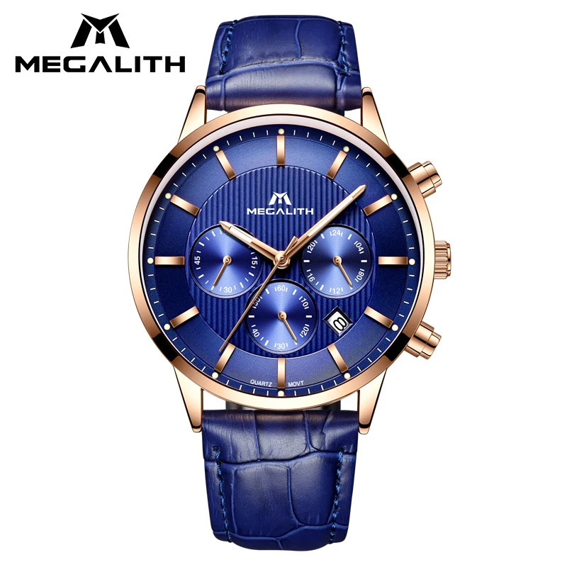 

MEGALITH Genuine Leather Mens Watch Waterproof Quartz Watch Date Calendar Men Wristwatch Clock Horloges Mannen