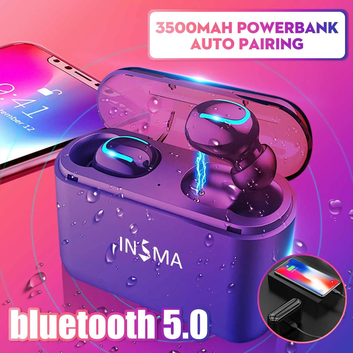 

TWS Mini bluetooth 5.0 Earphones Portable Wireless HiFi Stereo Sports Earbuds Waterproof Dual Headset With 3500mAh Power Bank