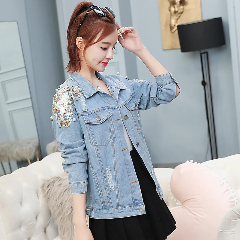 

#3231 Spring Korean Style Short Denim Jacket Women Plus Size Loose Epaulet Sequins Pearls Jeans Jacket Windbreaker Outerwear