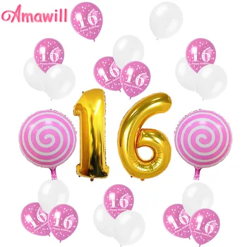 

Amawill Sweet Girl 16th Birthday Party Decoration Kit 32inch Number 16 Foil Ballon Lollipop Balloons Gold Pink Latex Globos 75D