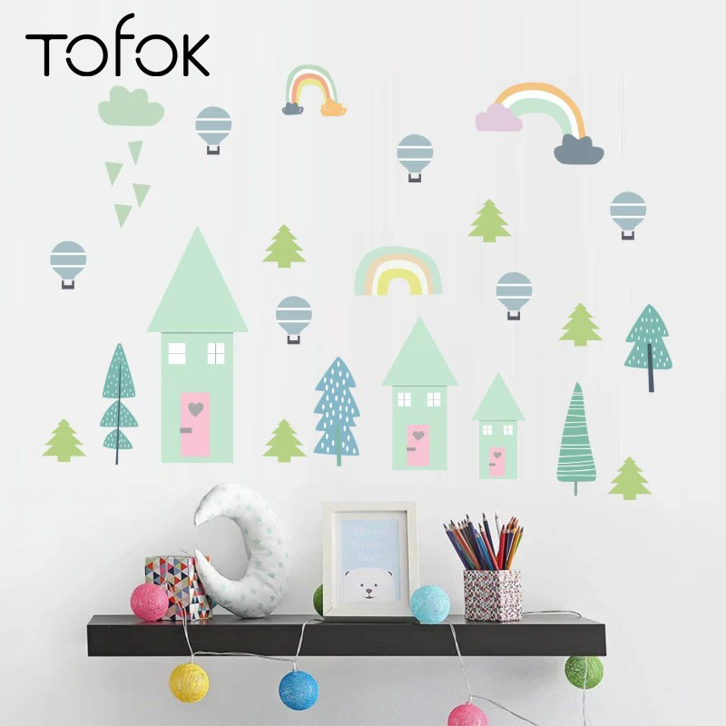 

Tofok Rainbow Trees DIY Wall Sticker Cartoon Nordic Style Warm Kids Room Nursery Dorm Mural Decal Removable Background Wallpaper