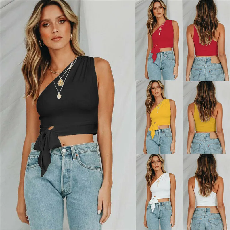

Sexy Women Single Shoulder Tank Vest Crop Tops Casual Bra Slim Bustier Tank Vest Bodycon Lace-up Drawstring Bandage Bralette New
