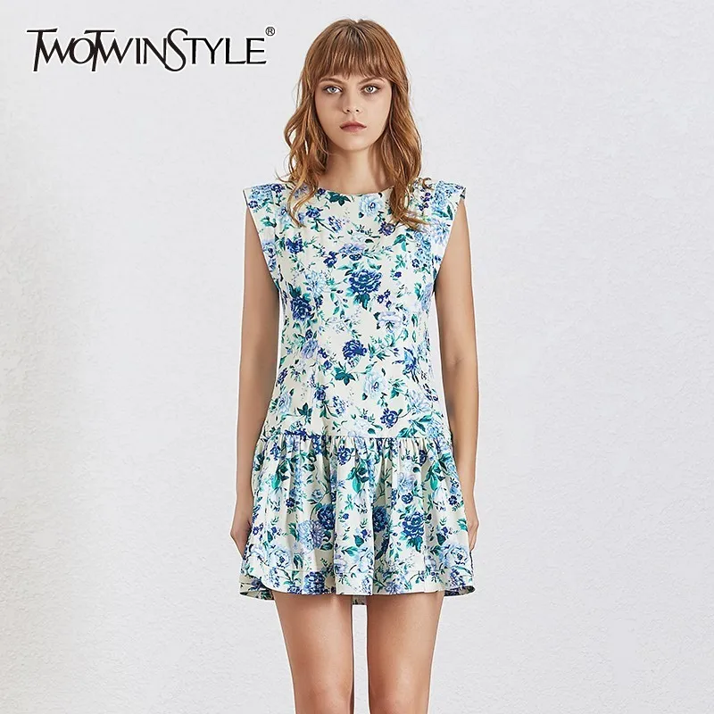 

TWOTWINSTYLE Summer Print Off Shoulder Women Dress Sleeveless O Neck High Waist Ruffles Mini Dresses Female Vintage Fashion 2019
