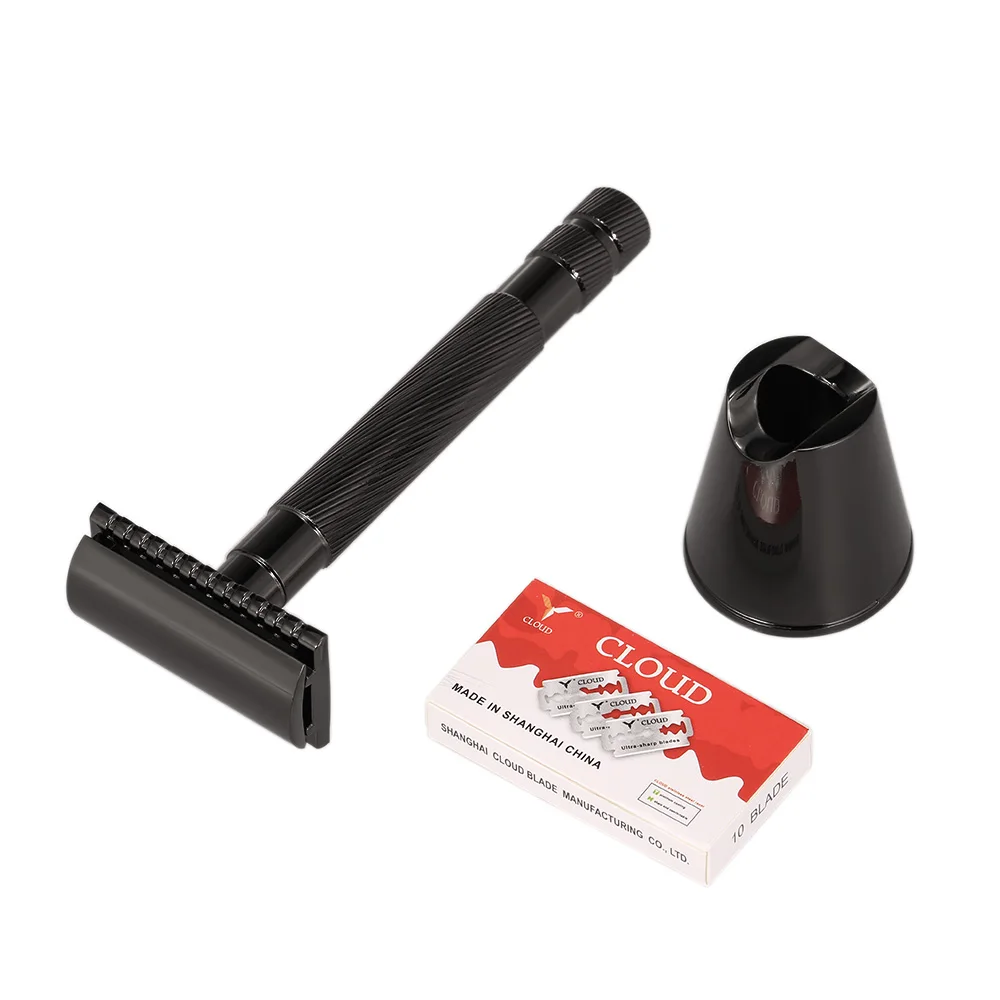 

Double Edge Safety Razor Kit Long Handle Butterfly Open with Stand Base 10 Blades for Men Face Cleaning