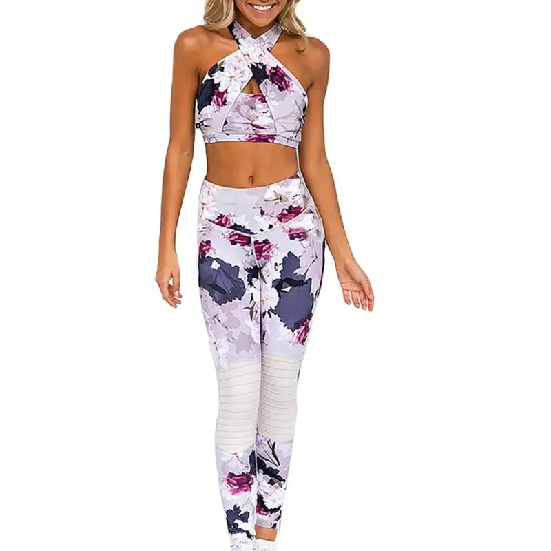 

Women's Sportswear Flower Print Stitching Yoga Fitness Set High-grade Polyester Fashionable Yoga Outfits 2019 New