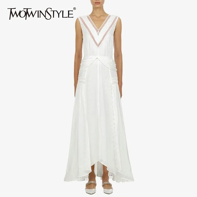 

TWOTWINSTYLE Elegant Sleeveless Women Dress V Neck Off Shoulder High Waist Hollow Out Ankle Length Dresses Female Summer 2019