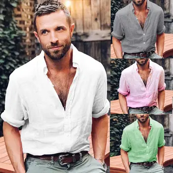 

Hot Sale Men's Linen Shirts Summer Casual Shirt Loose Plain Basic Casual Men Shirts Tops Large Size M-XXL Thin Linen Blends