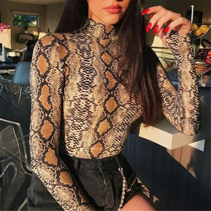 Winter Autumn Women Bodysuit Sexy Turtleneck Body Suits Long Sleeve Skinny Snake Printed Female Casual Print Bodycon Playsuit