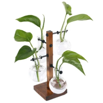 

Diy Home Garden Wooden Rack Transparent Vase Glass Plant Hydroponics Tabletop Vases Wood Desktop Ornaments Decorations H4