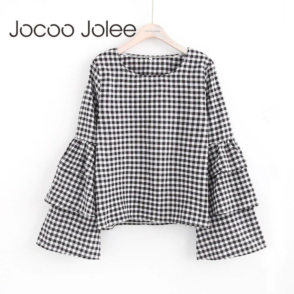 

Jocoo Jolee O-Neck Plaid Women Blouse with Ruffles Long Sleeves Design Girls Casual Loose Style Pullovers 2018 Spring New